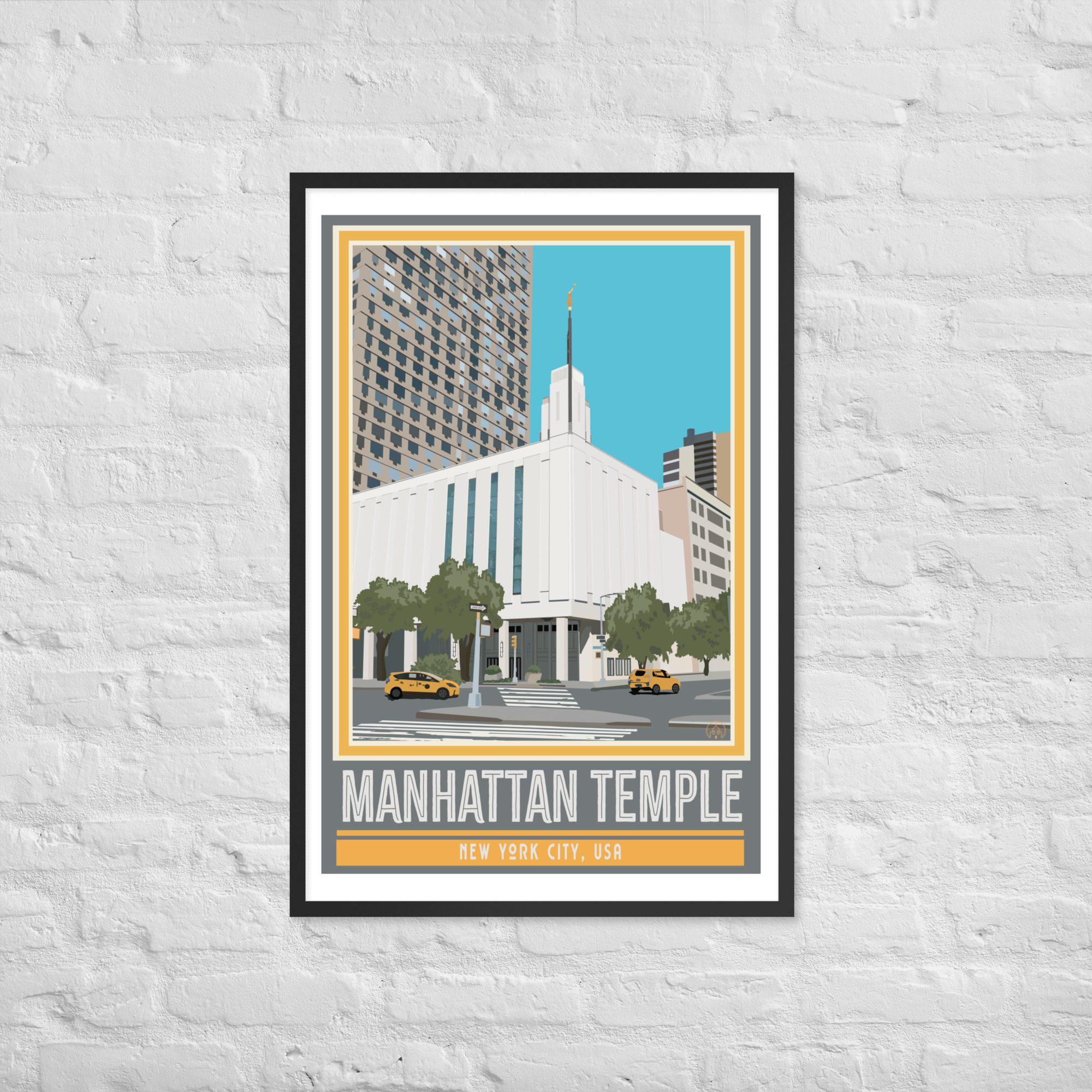 Manhattan Temple Travel Poster- Framed, black 12"x18", 24"x36"