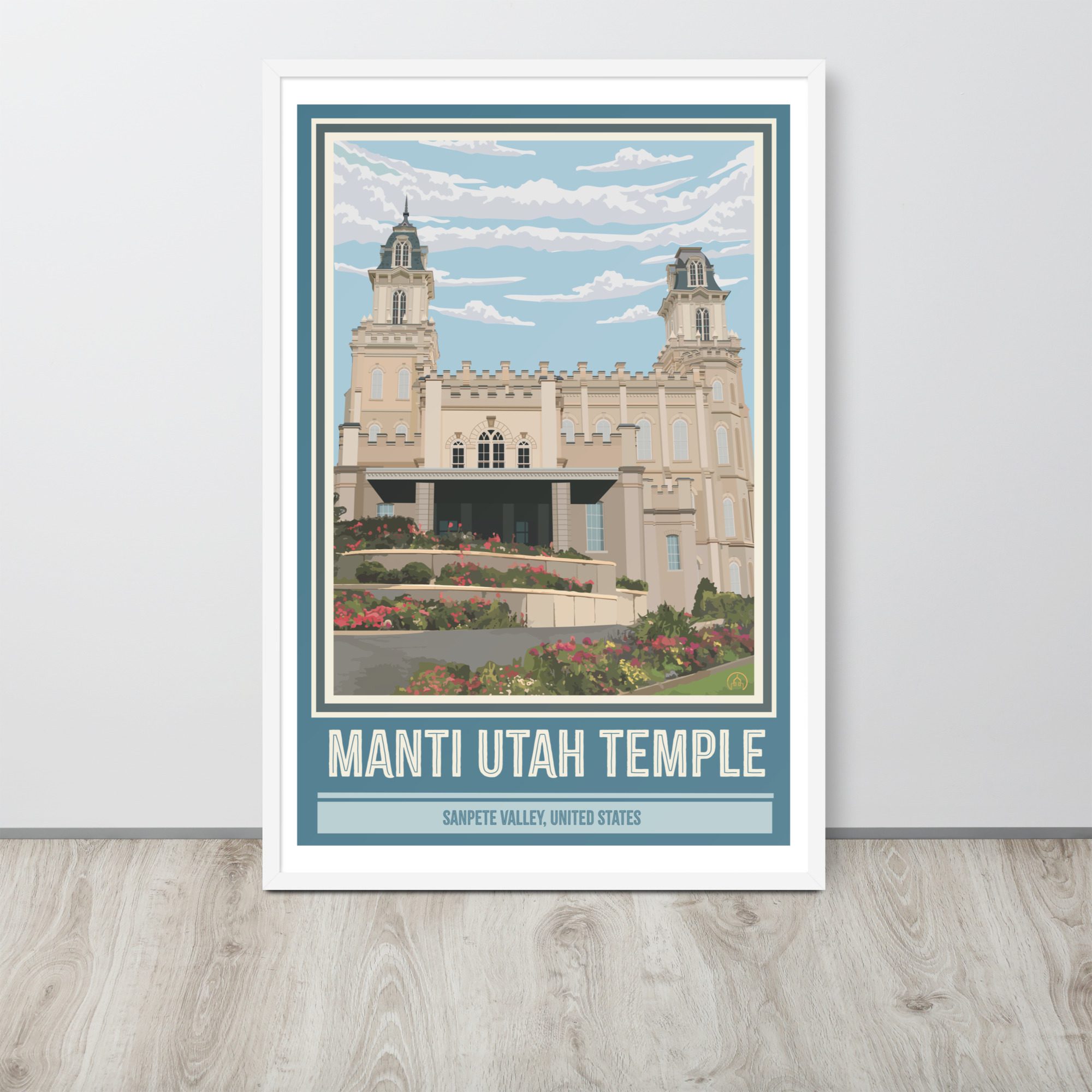 Manti Temple Travel Poster-Framed White- 12"x18", 24"x36"